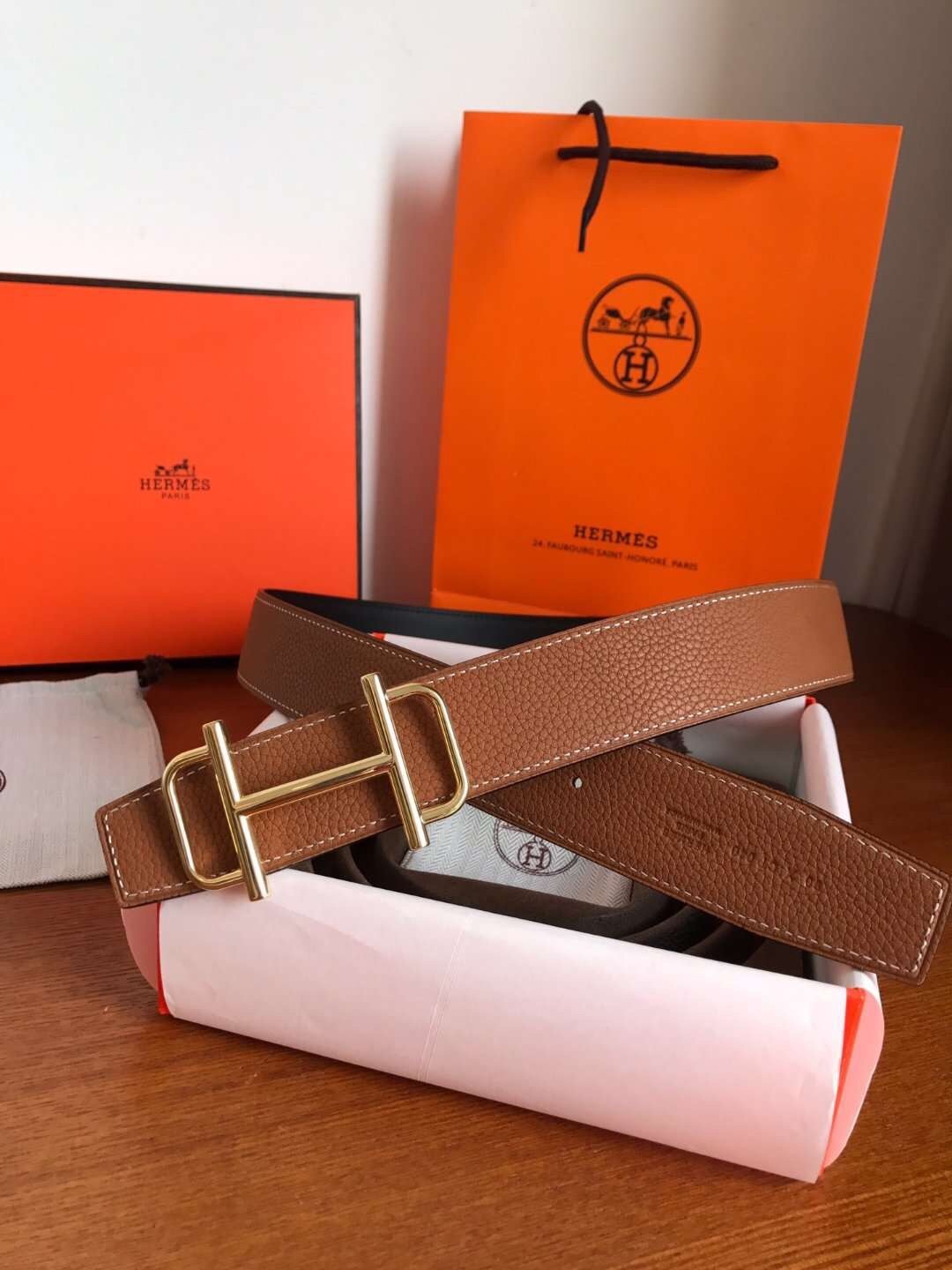 Hermes Royal 38MM Reversible Belt In Brown Clemence Leather