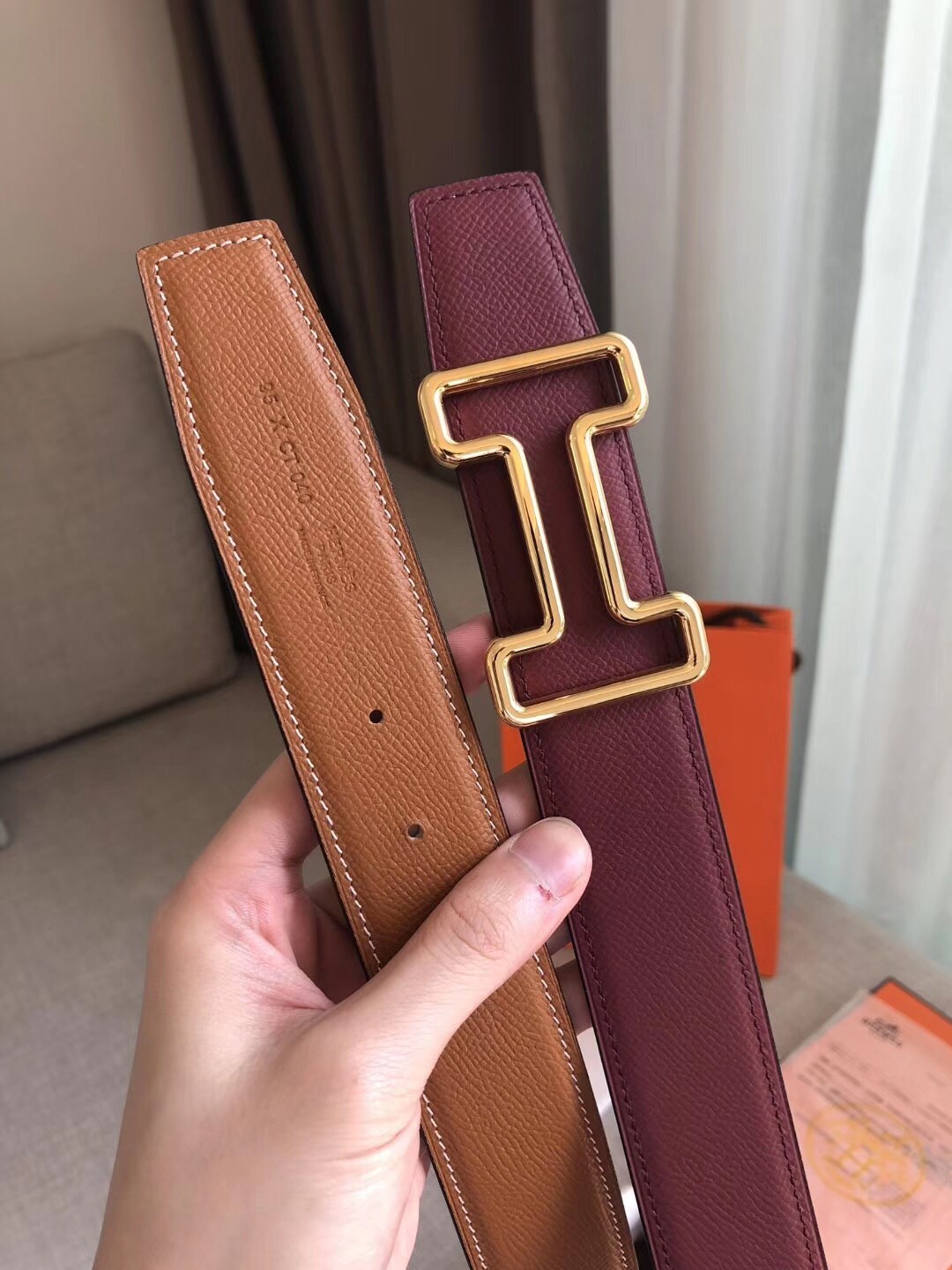 Hermes Tonight 38MM Reversible Belt In Ruby/Gold Epsom Leather