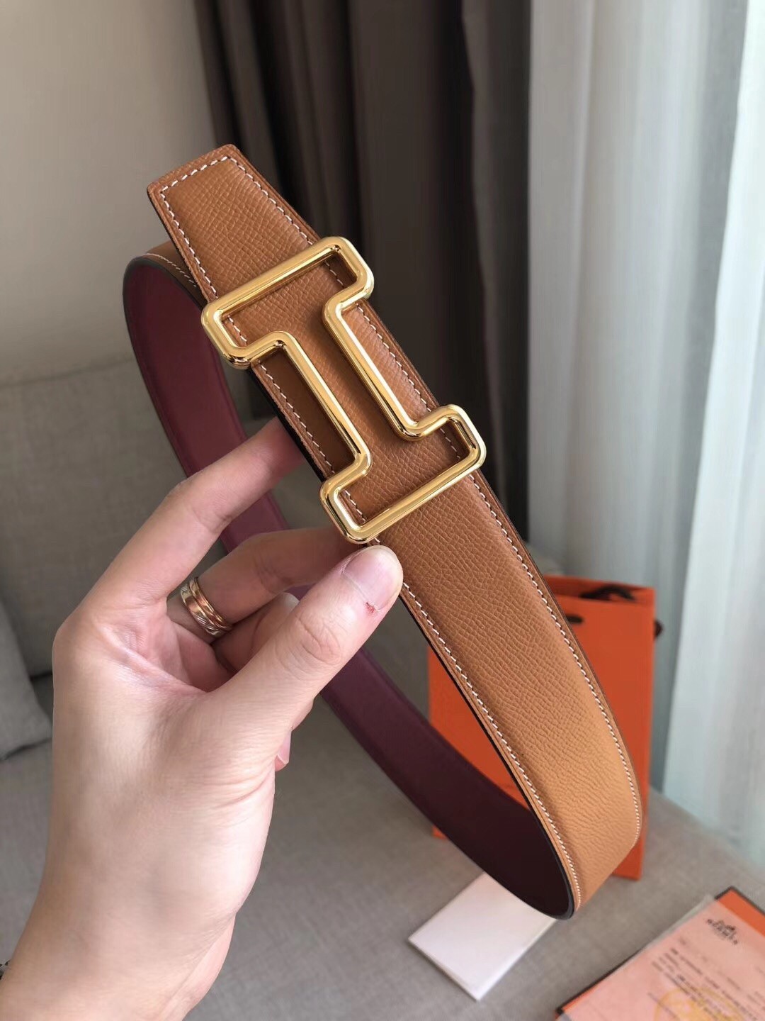 Hermes Tonight 38MM Reversible Belt In Ruby/Gold Epsom Leather