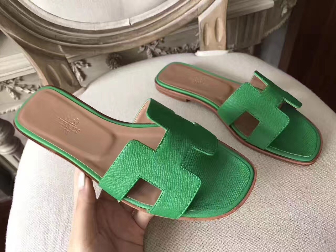 Hermes Oran Sandals In Bamboo Epsom Leather