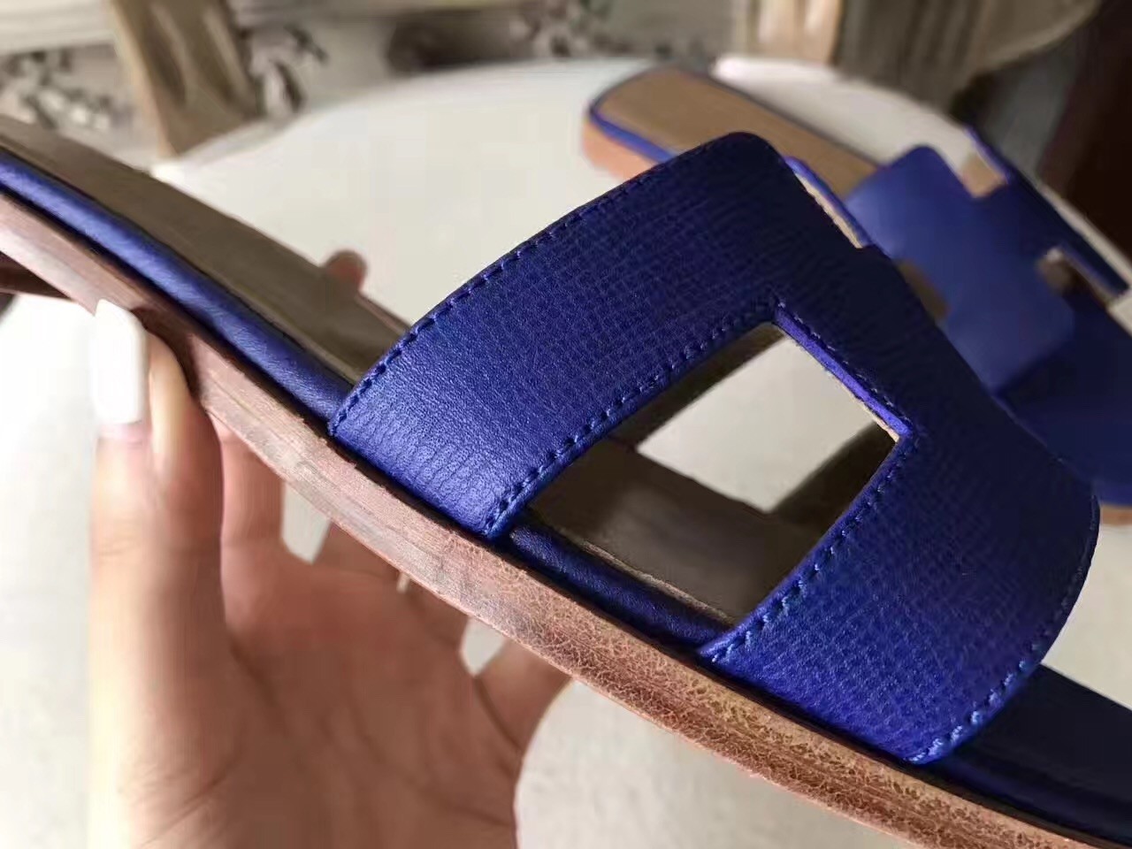 Hermes Oran Sandals In Blue Epsom Leather