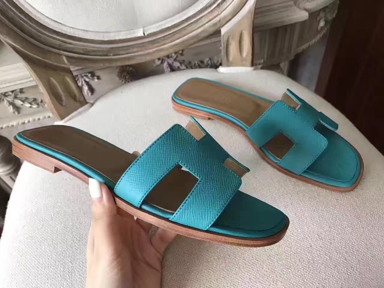 Hermes Oran Sandals In Lagon Epsom Leather