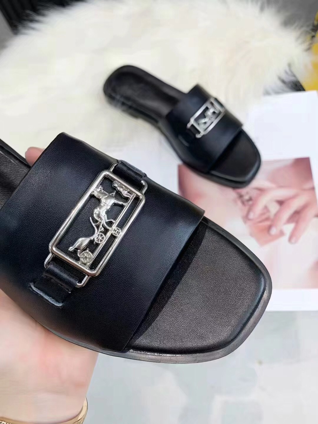 Hermes Villa Sandals In Black Calfskin