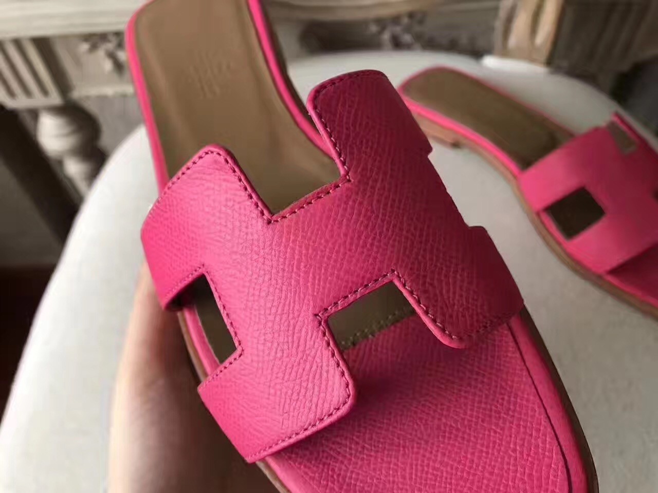 Hermes Oran Sandals In Rose Red Epsom Leather