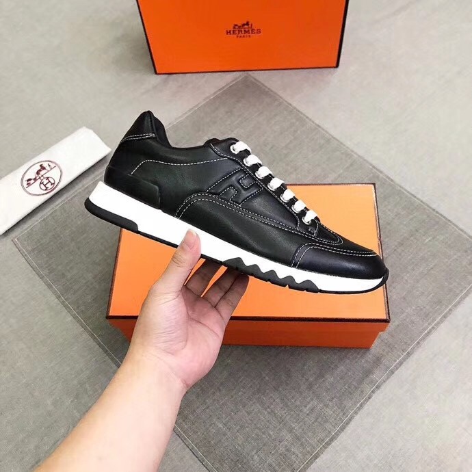 Hermes Trail Sneakers In Noir Calfskin Leather