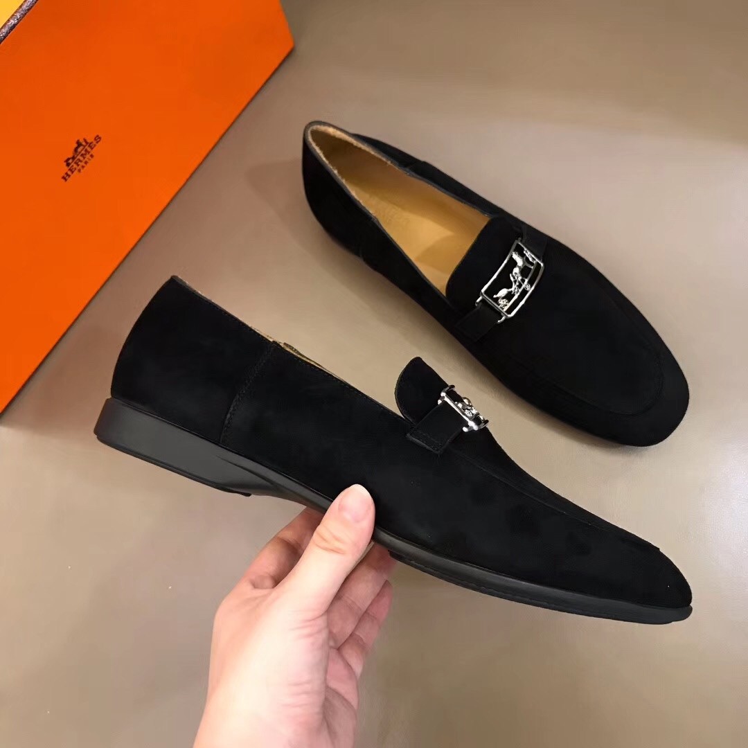 Hermes Men's Tenor Loafers In Black Suede Leather