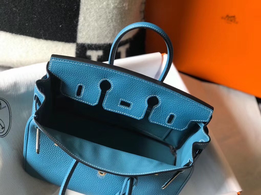 Hermes Birkin 25cm Bag In Blue Jean Clemence Leather