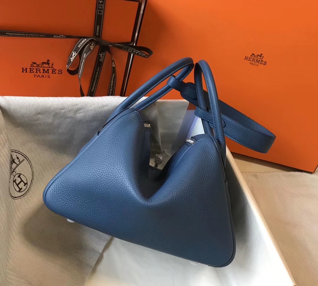 Hermes Lindy 26cm Bag In Blue Agate Clemence With PHW