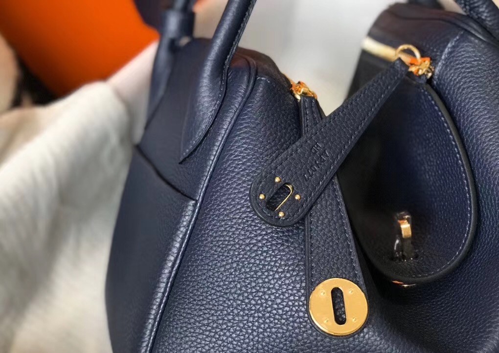 Hermes Lindy 26cm Bag In Navy Blue Clemence With GHW