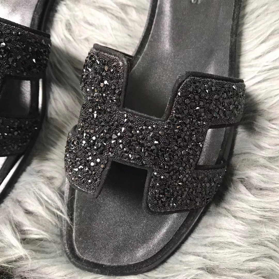 Hermes Oran Sandals In Black Suede With Black Crystal