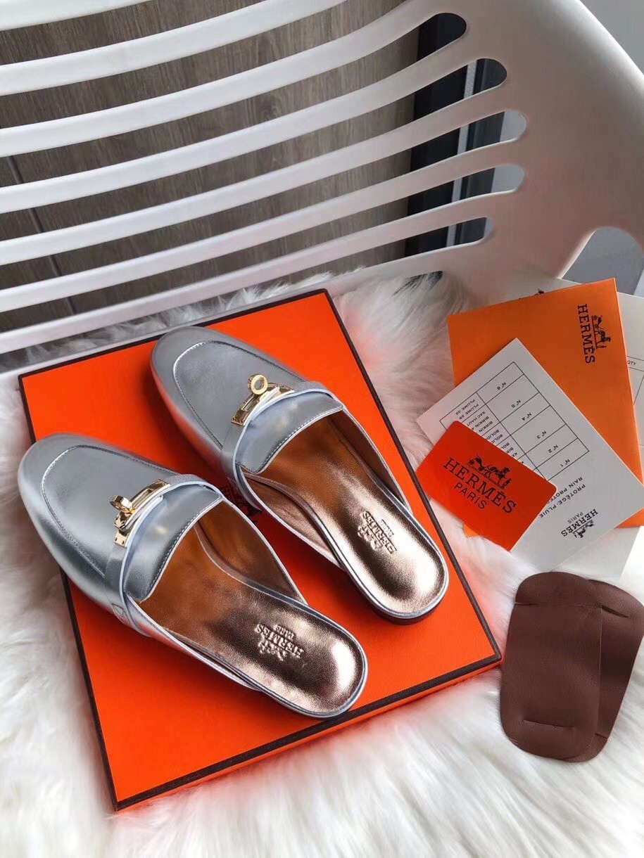 Hermes Oz Mules In Silver Metallic Calfskin