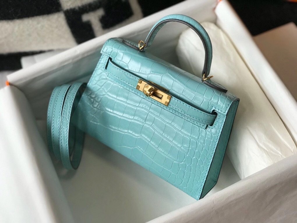 Hermes Kelly Mini II Bag In Blue Atoll Embossed Crocodile Calfskin