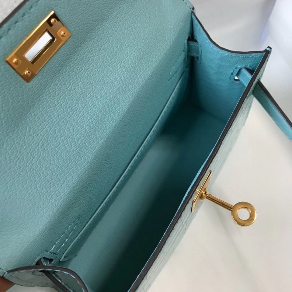 Hermes Kelly Mini II Bag In Blue Atoll Embossed Crocodile Calfskin