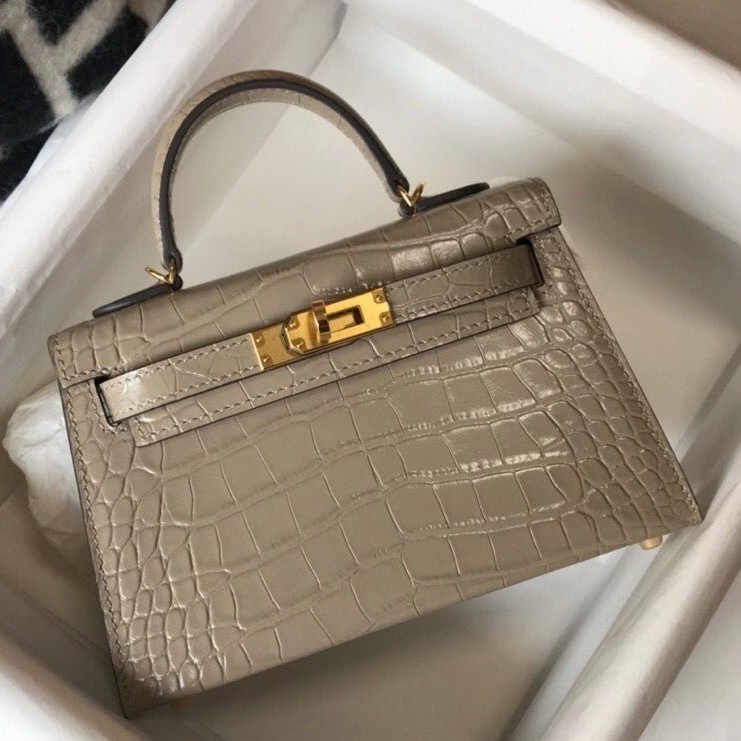 Hermes Kelly Mini II Bag In Taupe Embossed Crocodile Calfskin