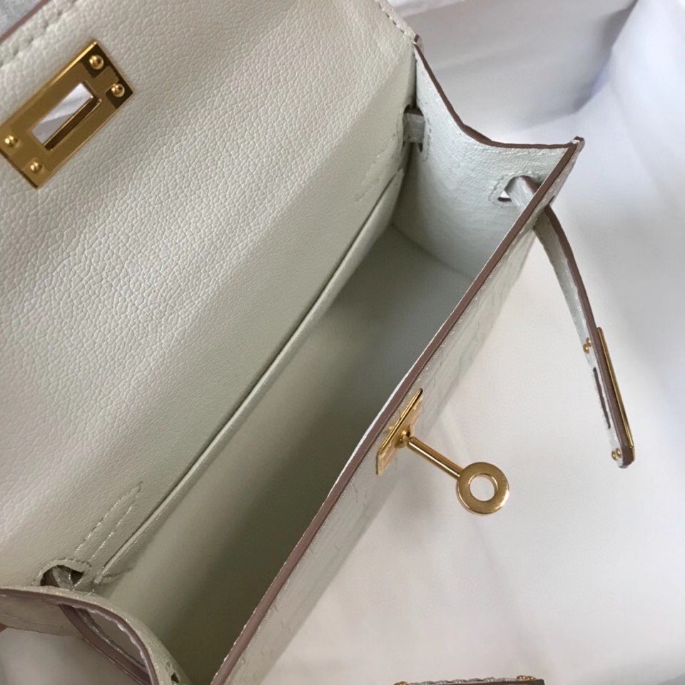 Hermes Kelly Mini II Bag In Beton Embossed Crocodile Calfskin