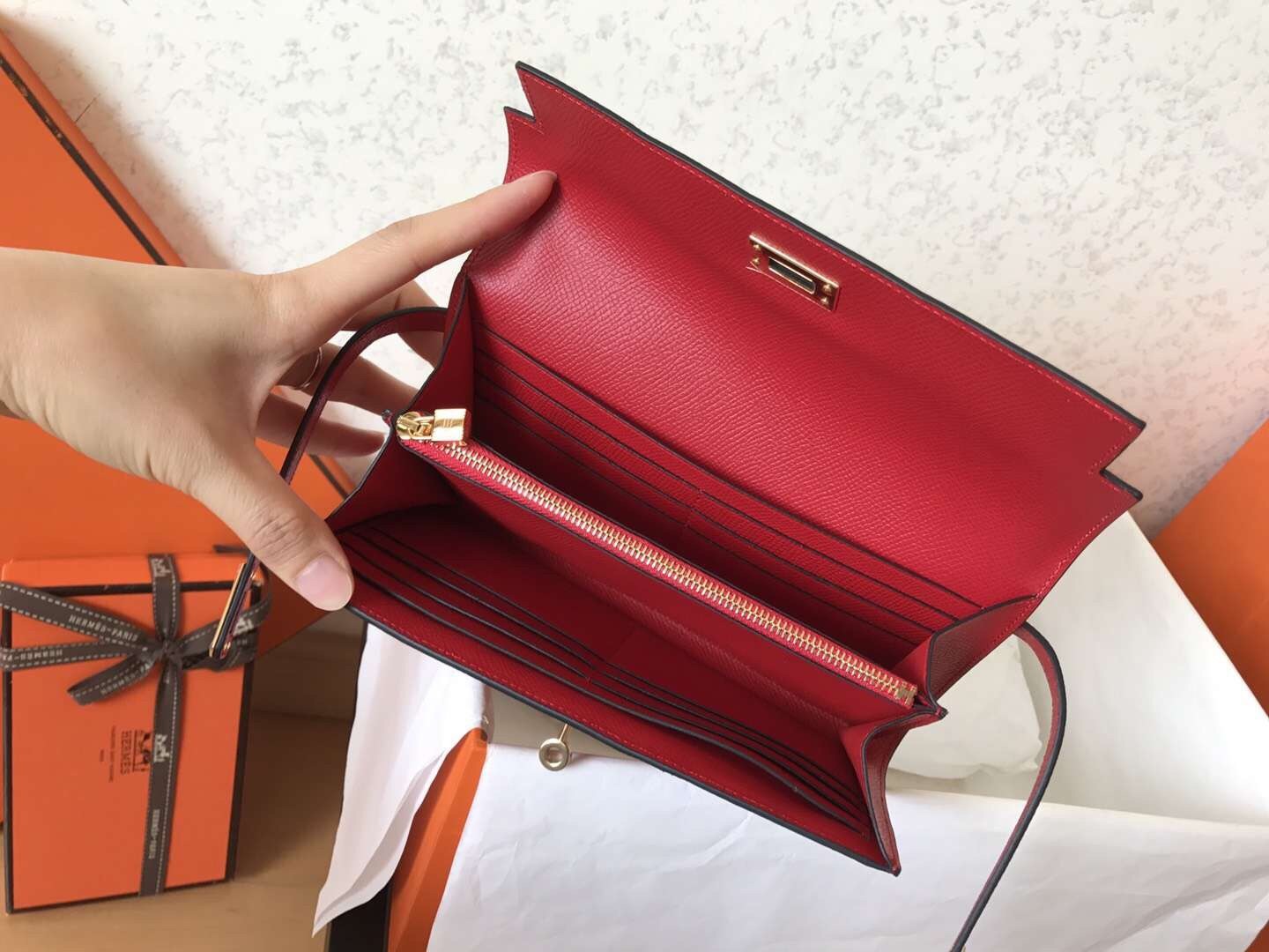 Hermes Kelly Classic Long Wallet In Red Epsom Leather