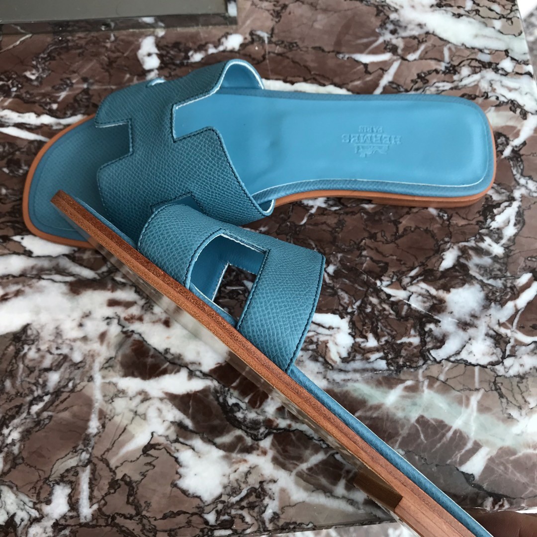 Hermes Oran Slide Sandals In Blue du Nord Epsom Calfskin