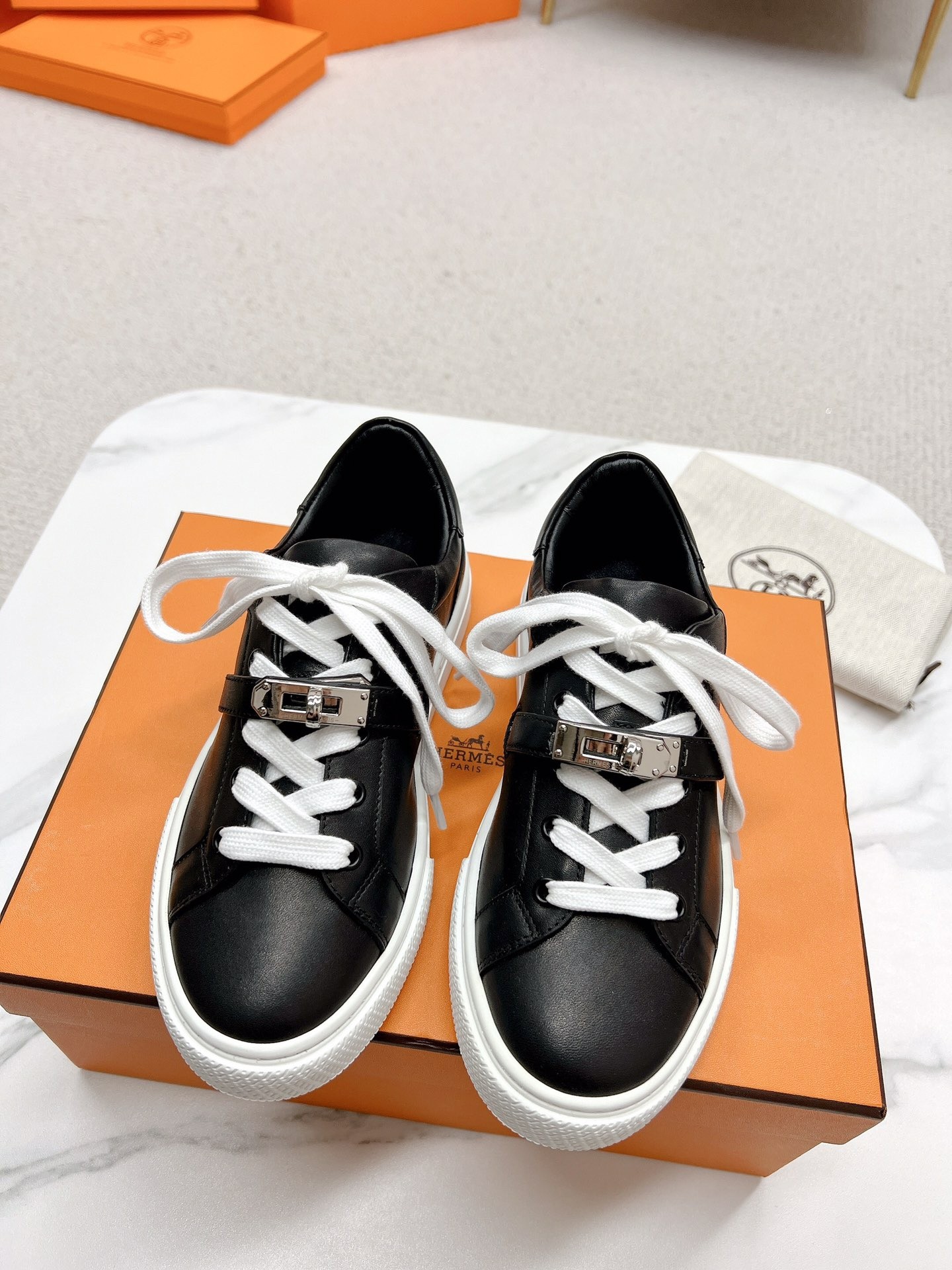 Hermes Women's Day Sneakers in Black Leather