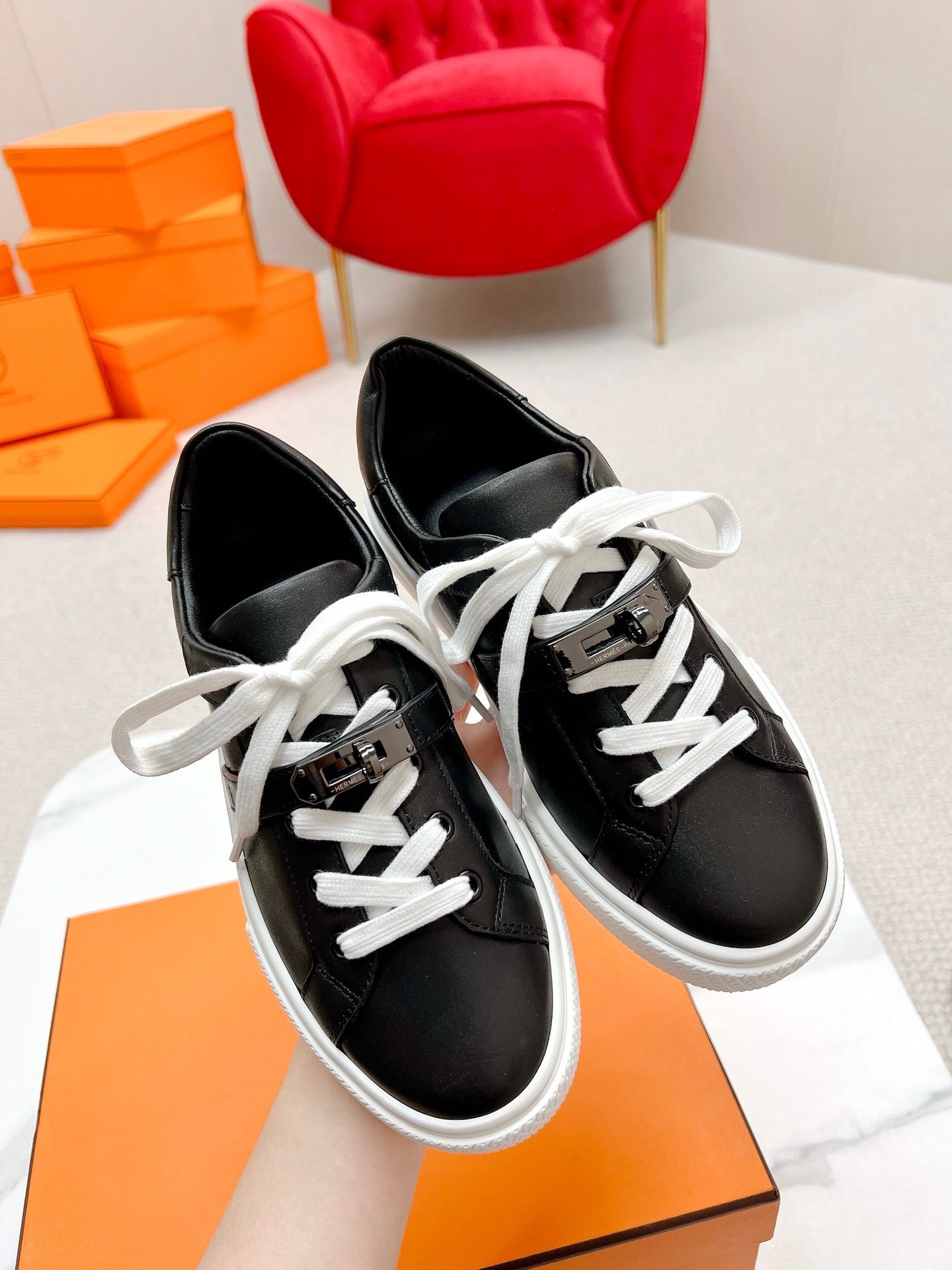 Hermes Men's Day Sneakers in Black Leather