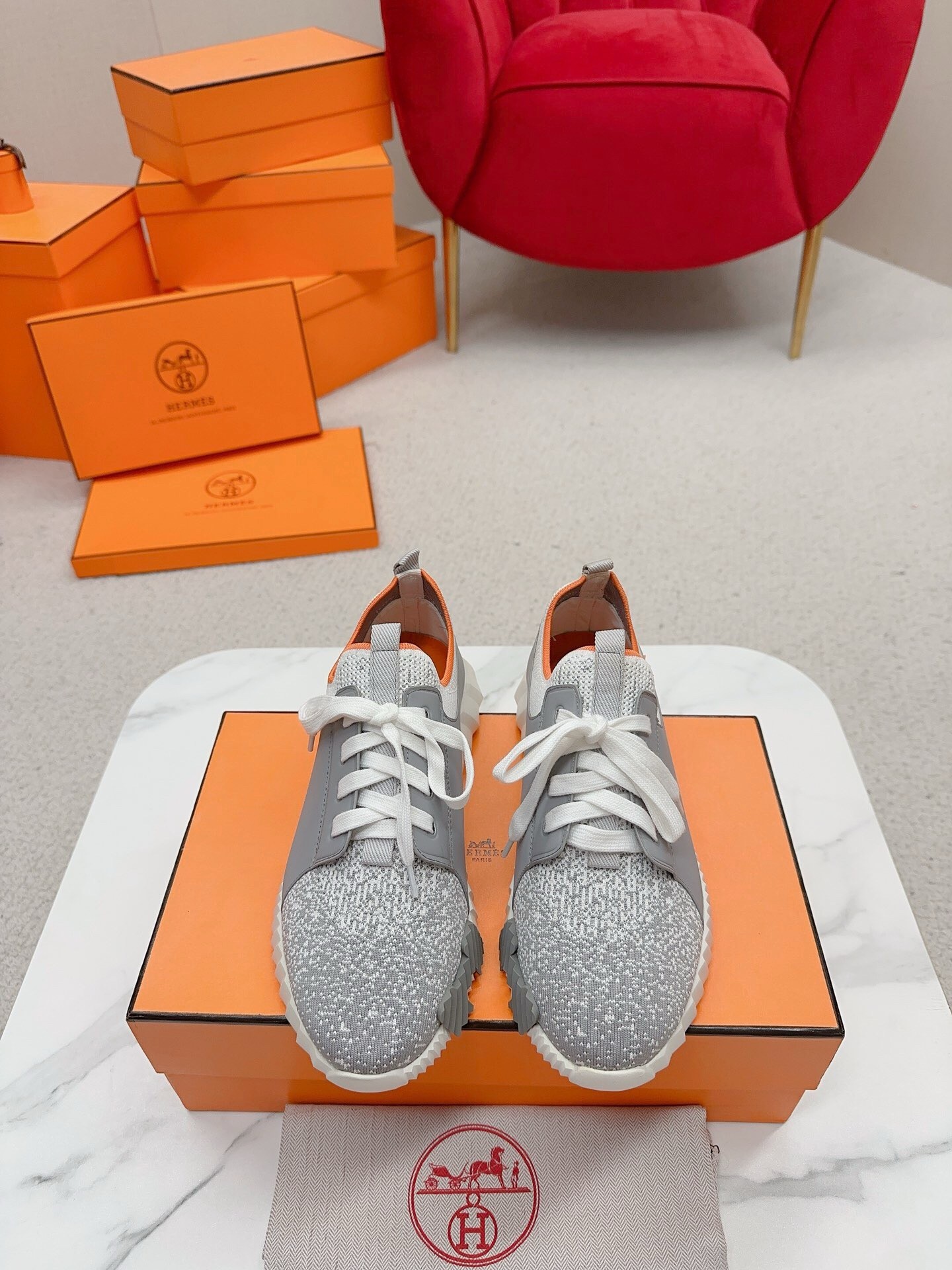 Hermes Men's Depart Sneakers in Grey Gradient Knit