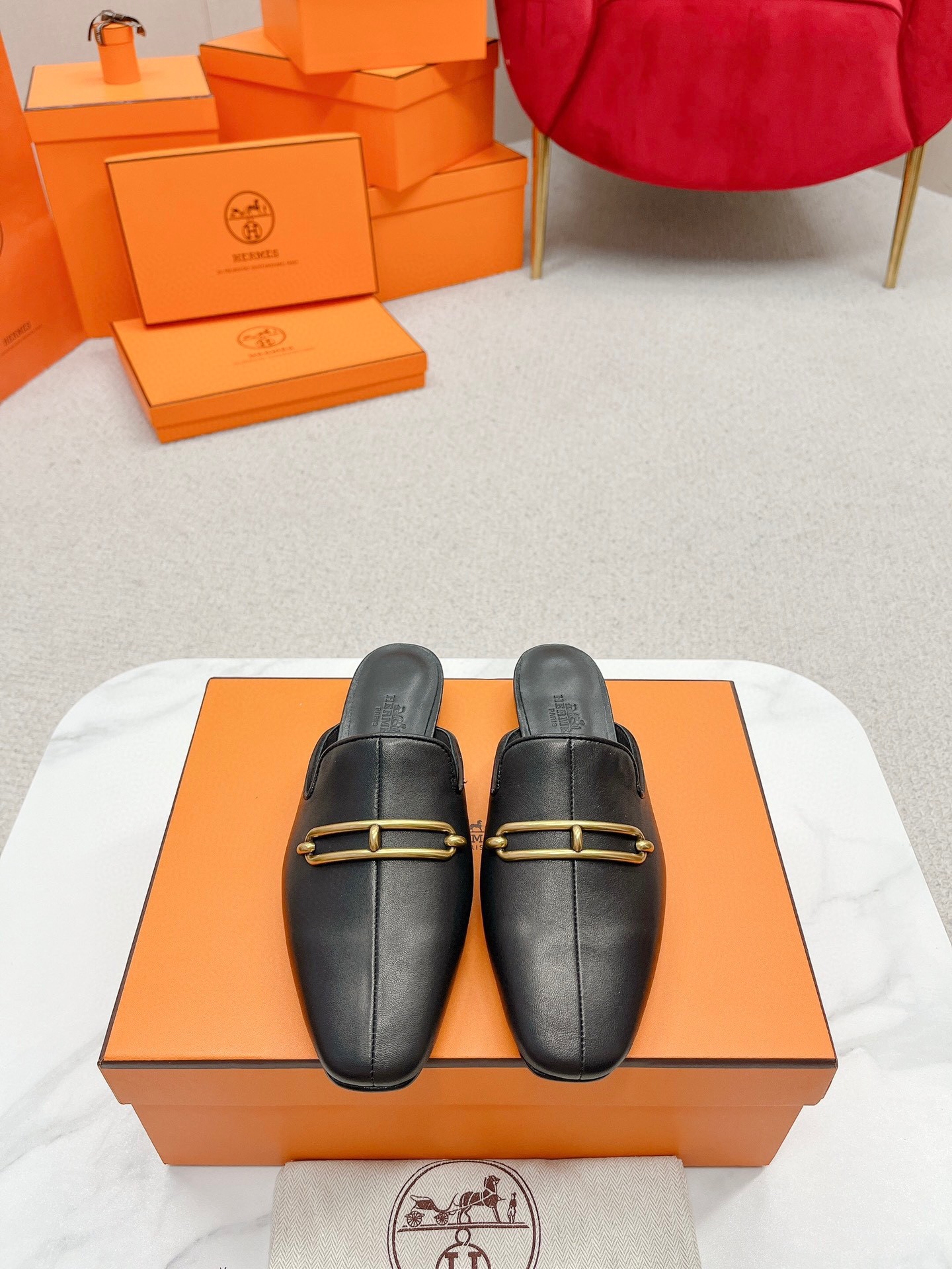 Hermes Esmee Mules in Black Calfskin