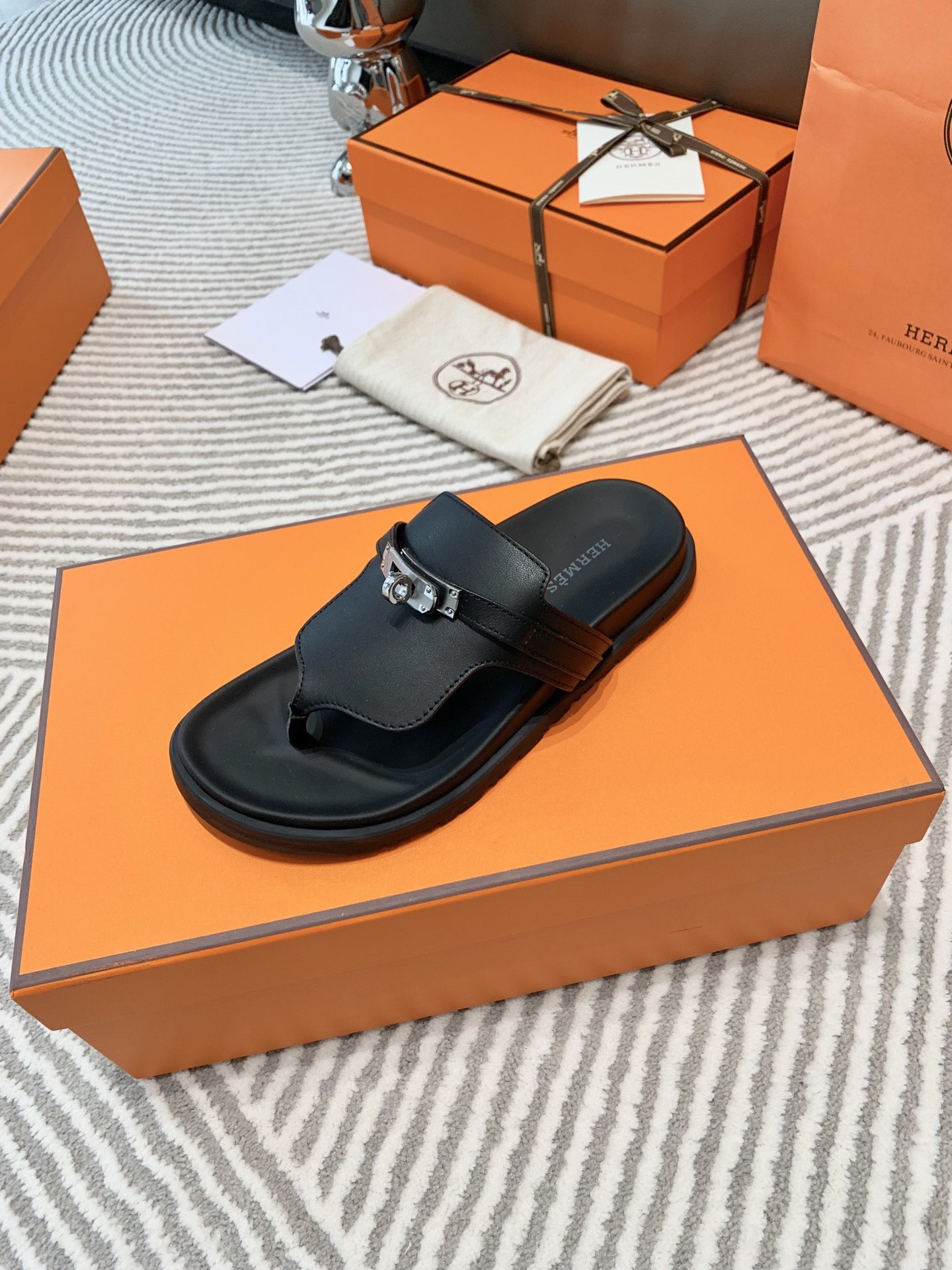 Hermes Empire Sandals in Black Calfskin