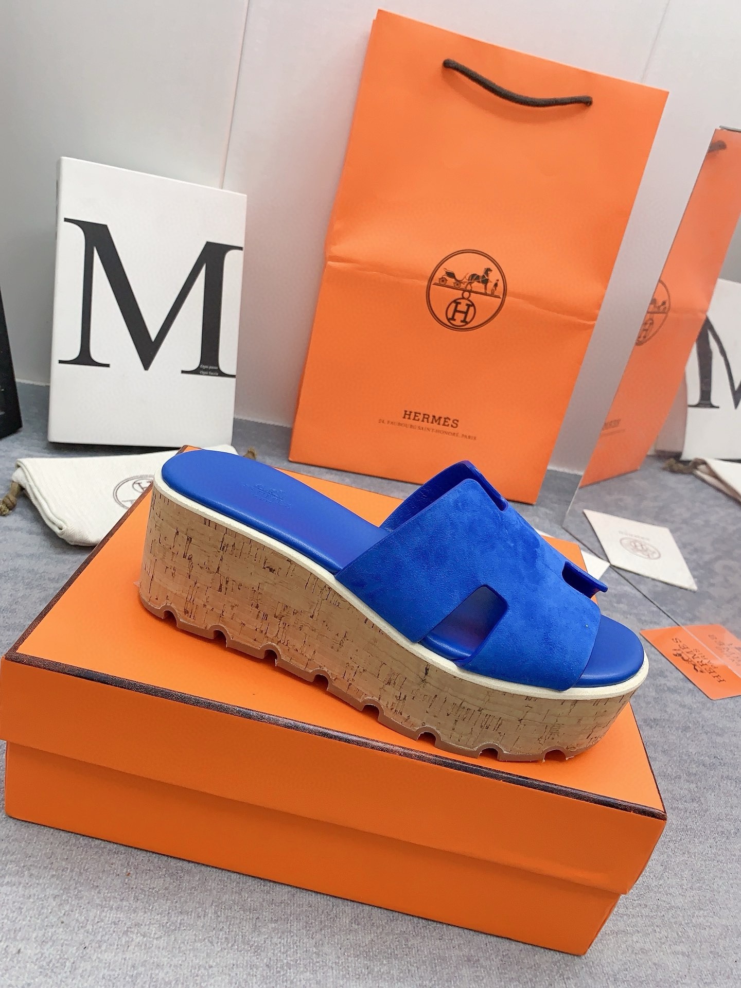 Hermes Eze 30 Cork Platform Sandals in Blue Suede Leather