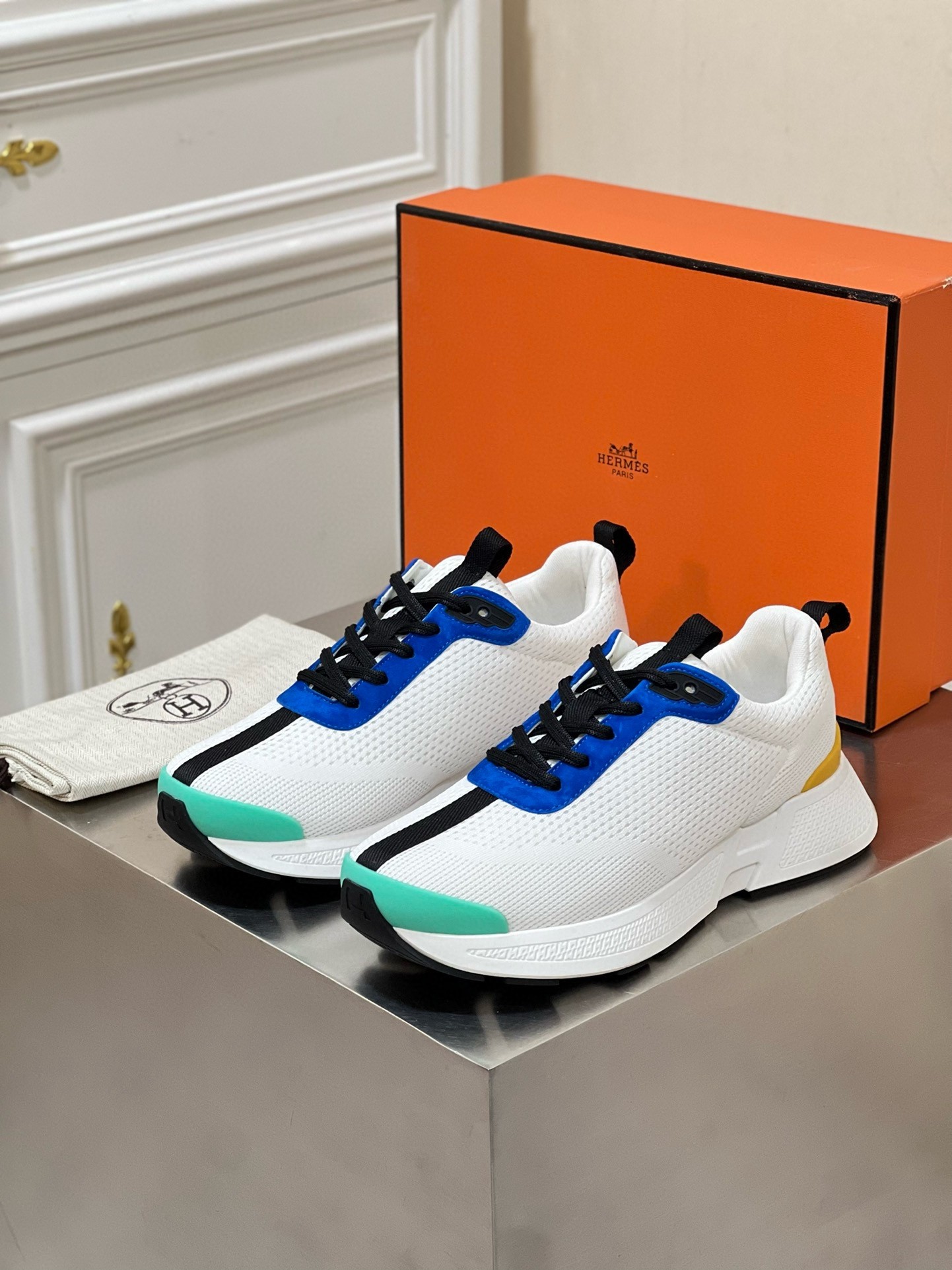 Hermes Heros Sneakers in White Knit and Blue Suede