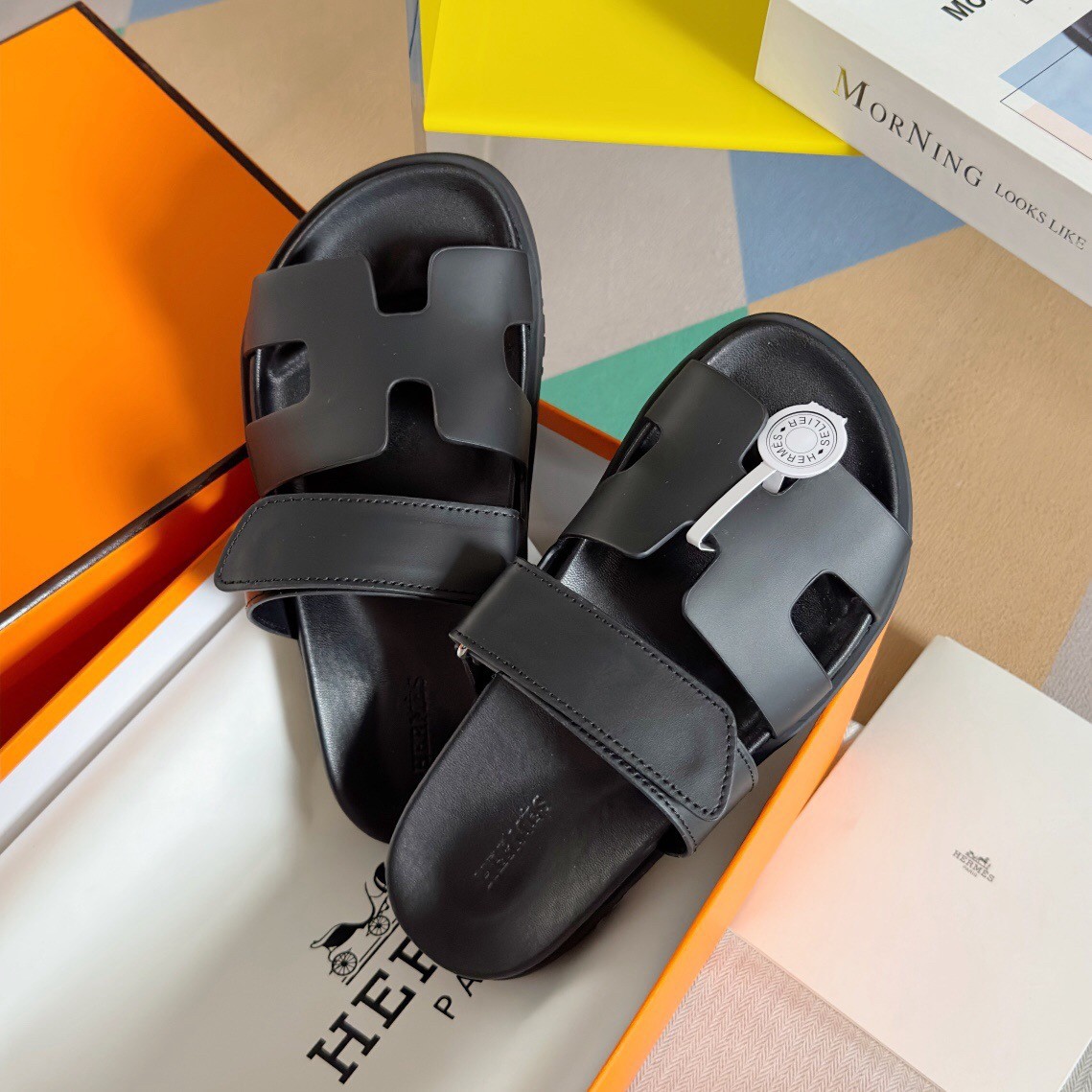 Hermes Men's Chypre Sandals in Black Calfskin