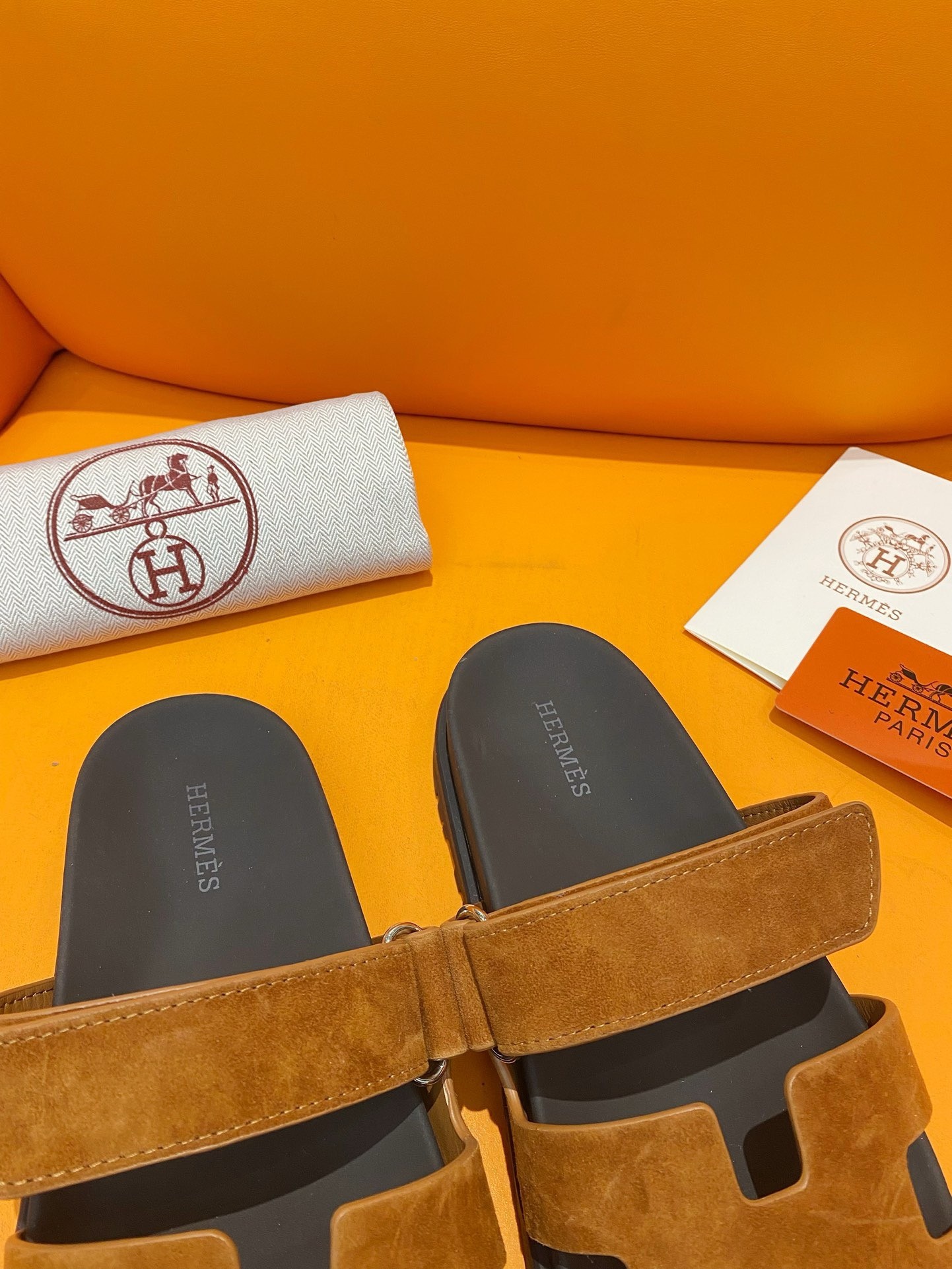 Hermes Men's Chypre Sandals in Brown Suede Calfskin