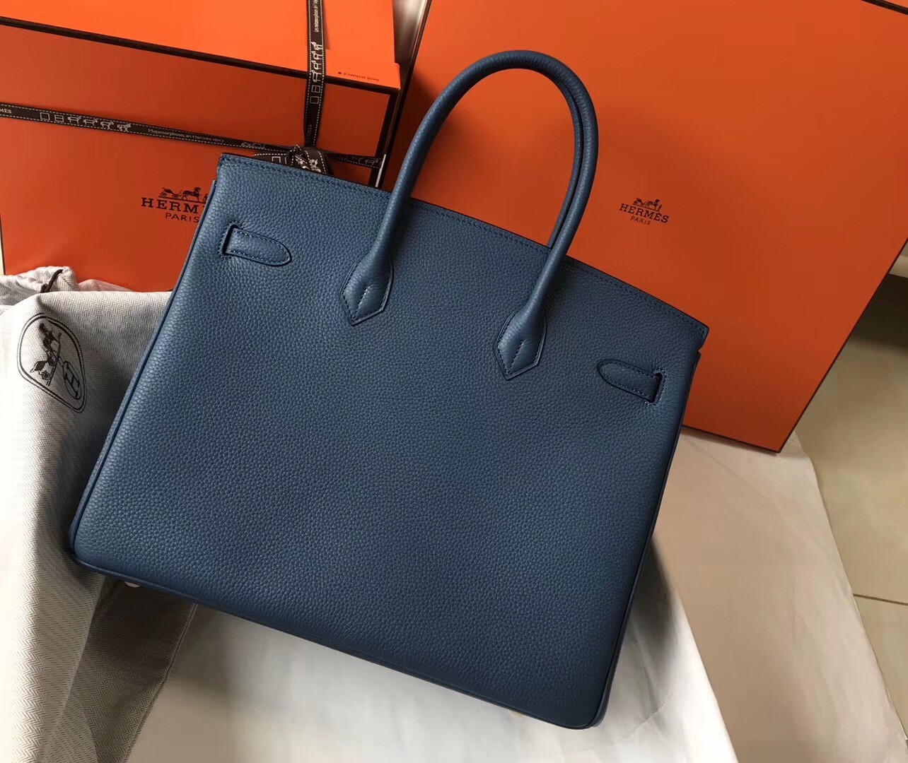 Hermes Blue Agate Clemence Birkin 35cm Bag