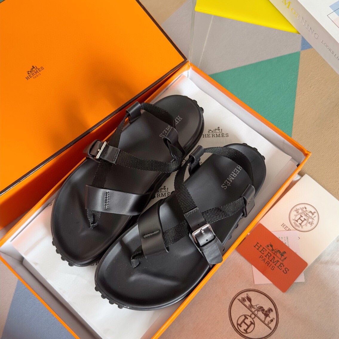 Hermes Inboard Sandals in Black Leather and Ribbon