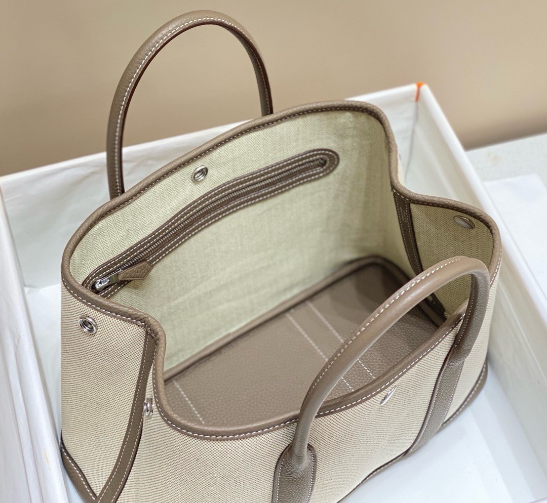 Hermes Garden Party 30cm Bag in Toile and Taupe Leather