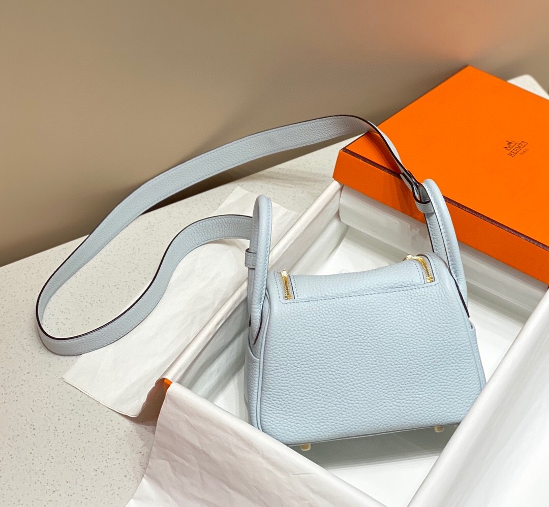 Hermes Lindy Mini Bag In Blue Brume Clemence Leather GHW