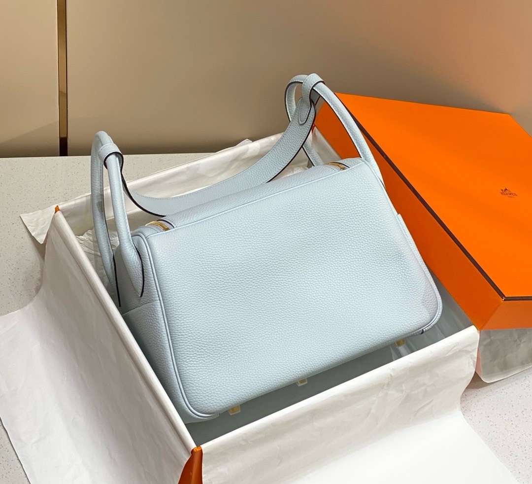 Hermes Lindy 30cm Bag In Blue Brume Clemence Leather GHW