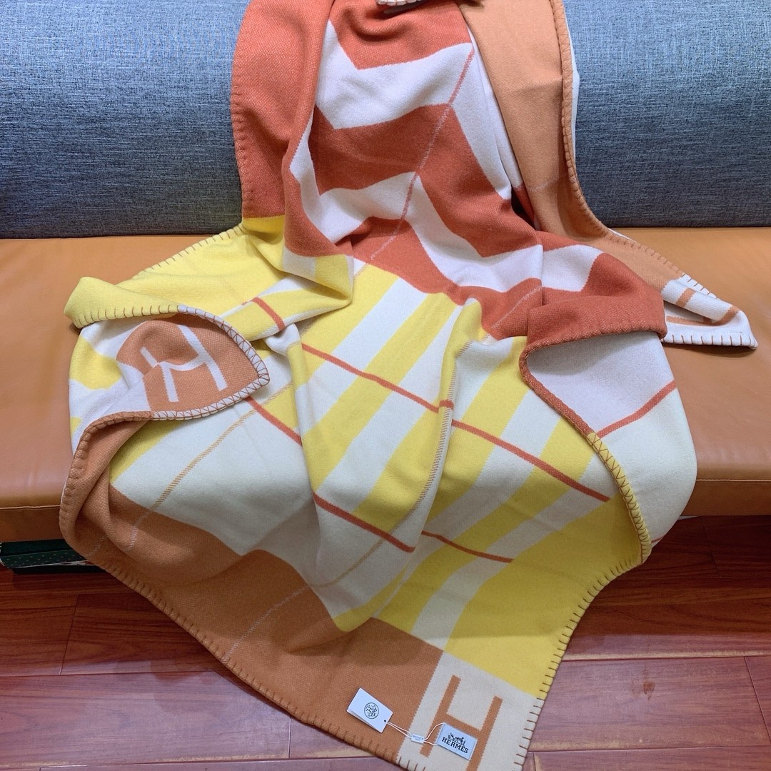 Hermes Avalon H Club Blanket in Terre Cuite/Yellow Cashmere