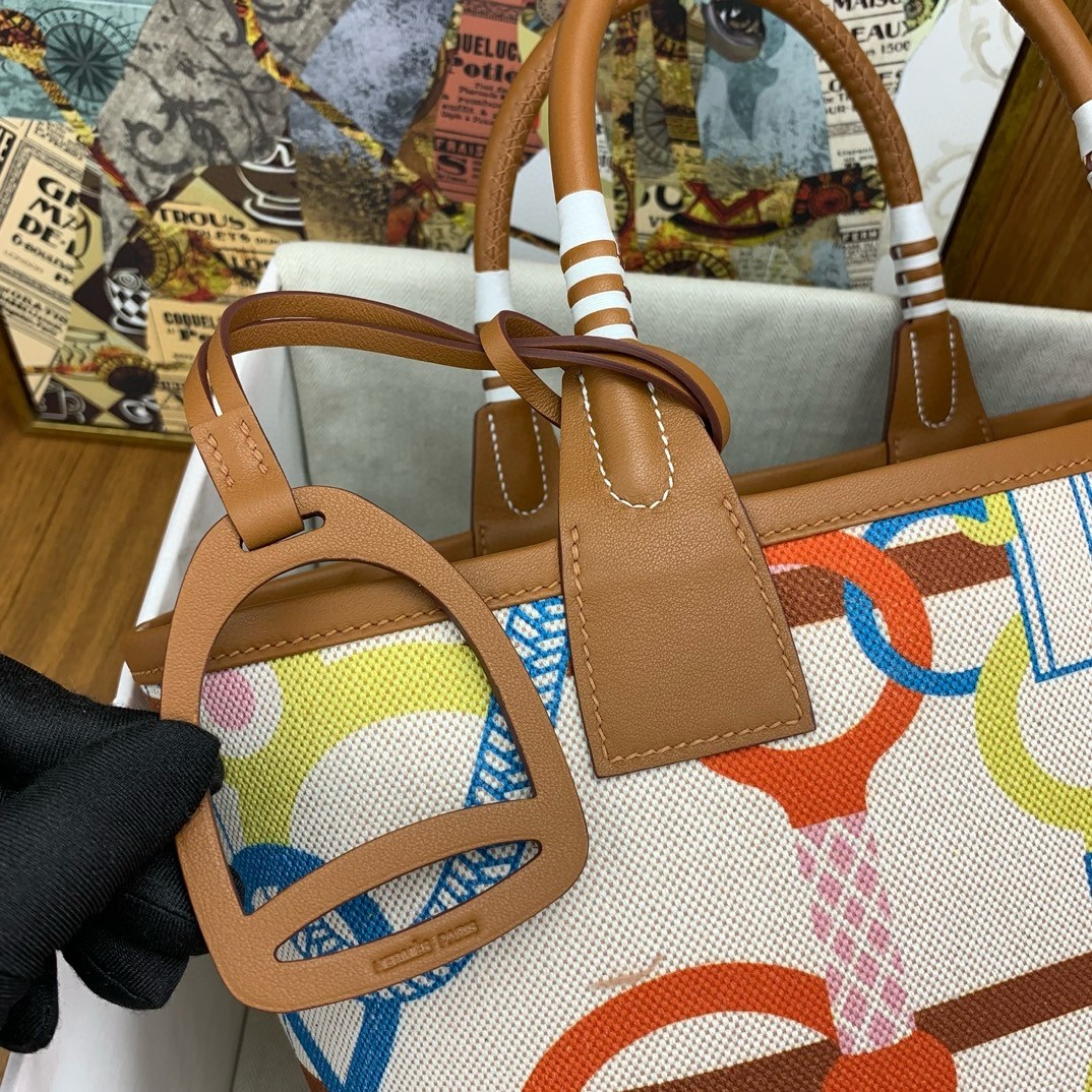 Hermes Steeple 25 Bag in H Plume Canvas with Clic Clac Panoplie Equestre