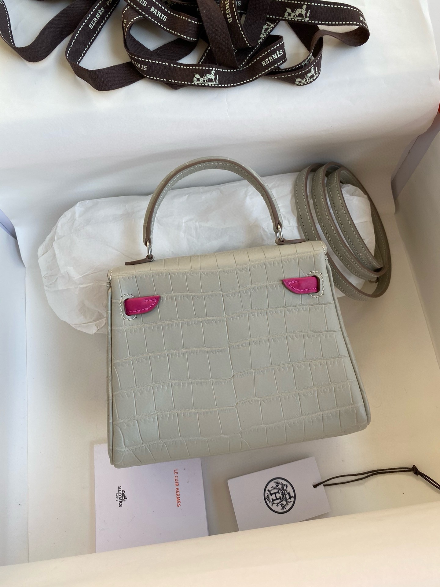 Hermes Kelly Doll Bag in Pearl Grey Matte Alligator Leather