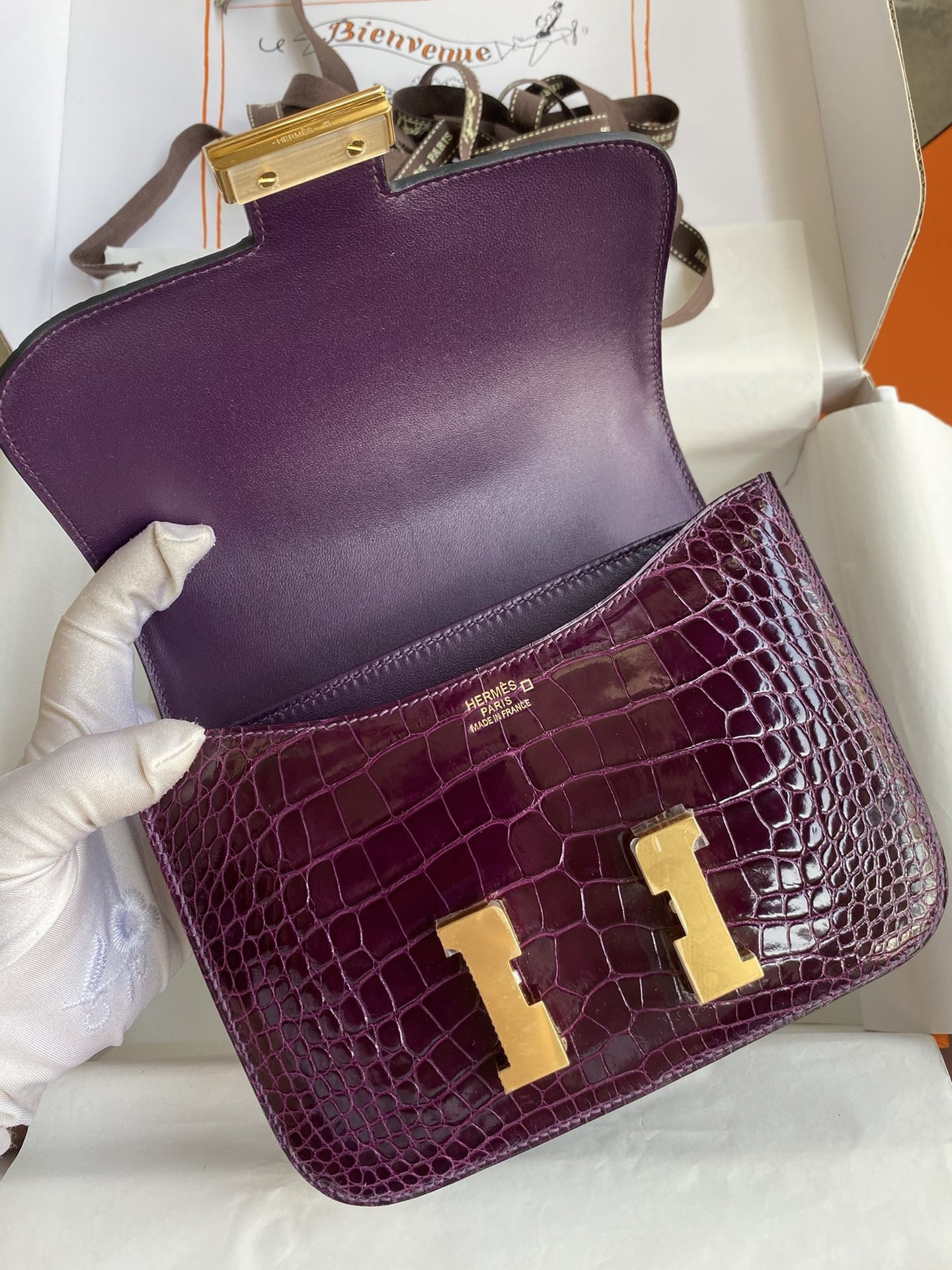 Hermes Constance 18 Handmade Bag in Cassis Shiny Alligator Leather