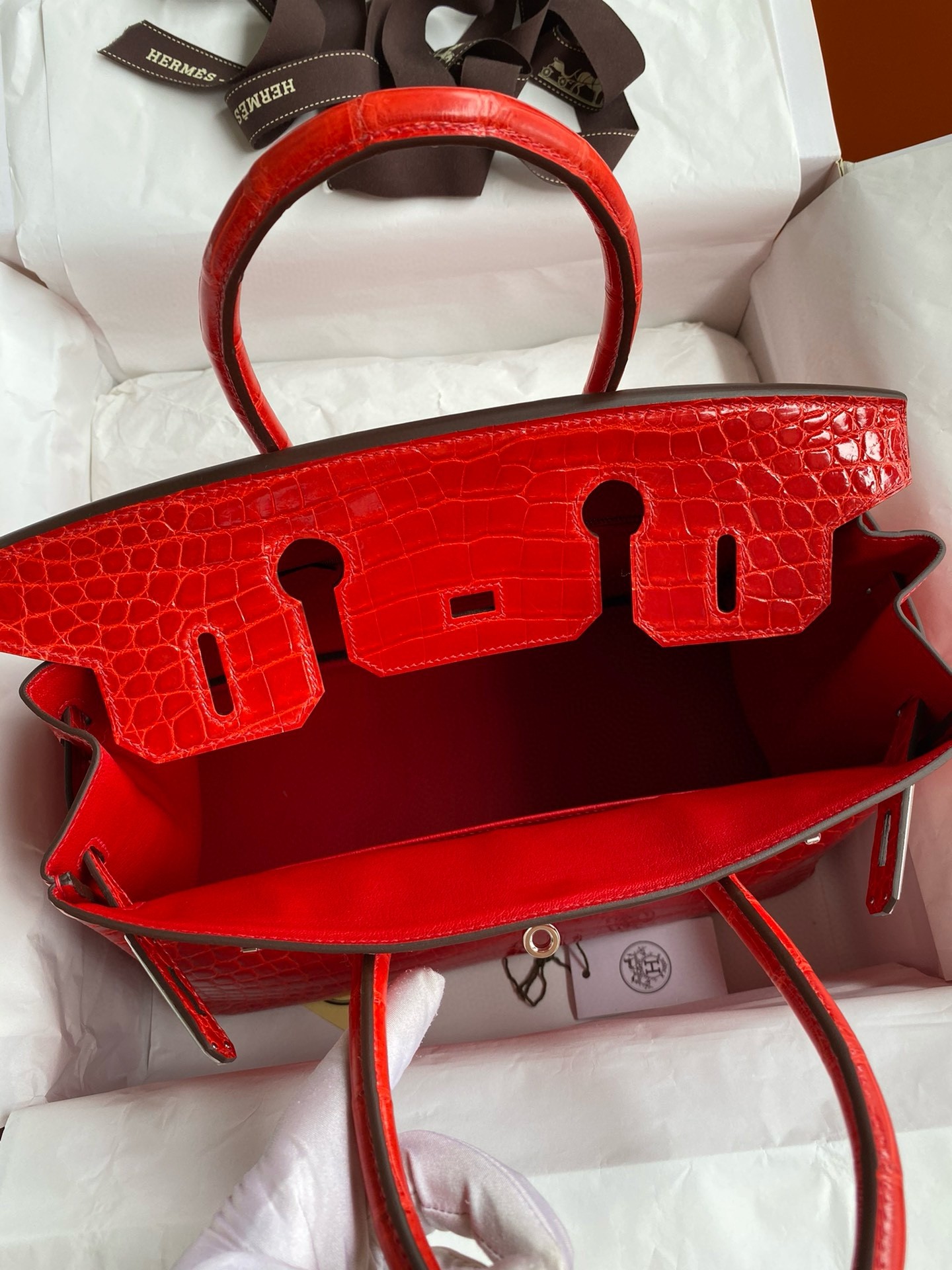 Hermes Birkin 25 Handmade Bag In Red Crocodile Niloticus Shiny Skin