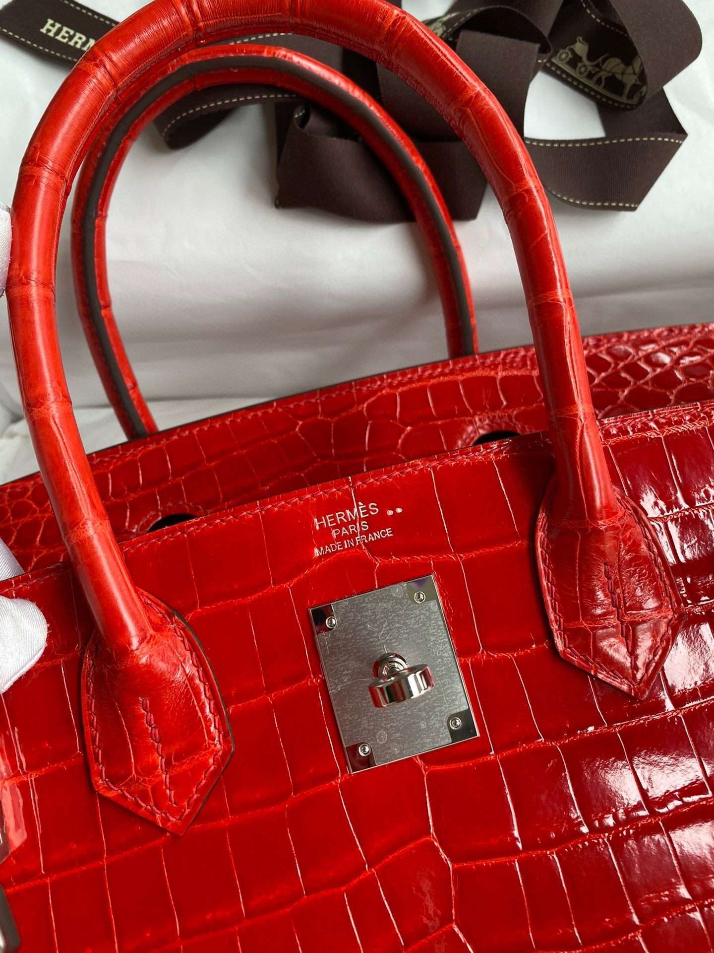 Hermes Birkin 25 Handmade Bag In Red Crocodile Niloticus Shiny Skin