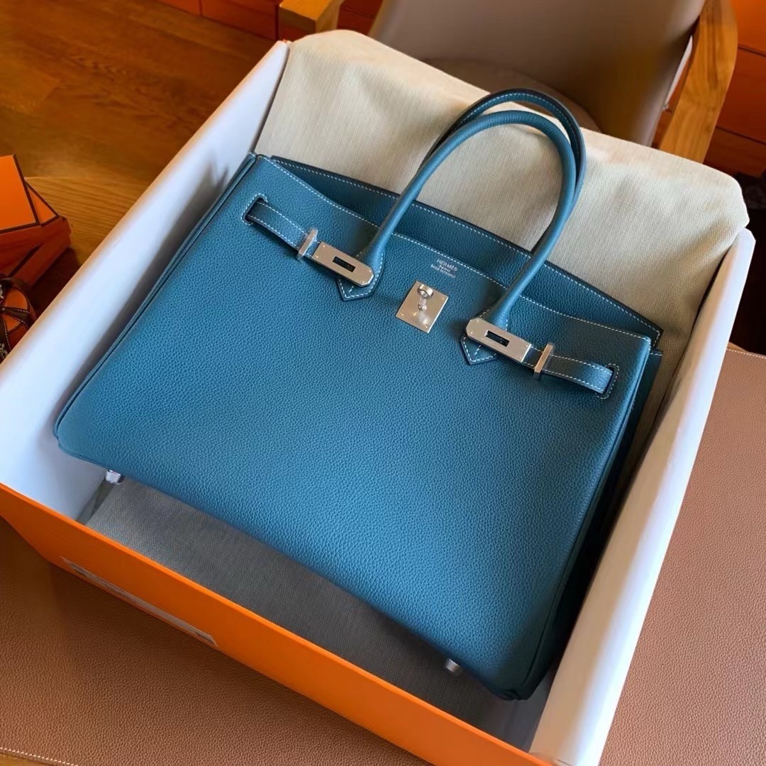 Hermes Birkin 35 Retourne Handmade Bag in Blue Jean Clemence Leather