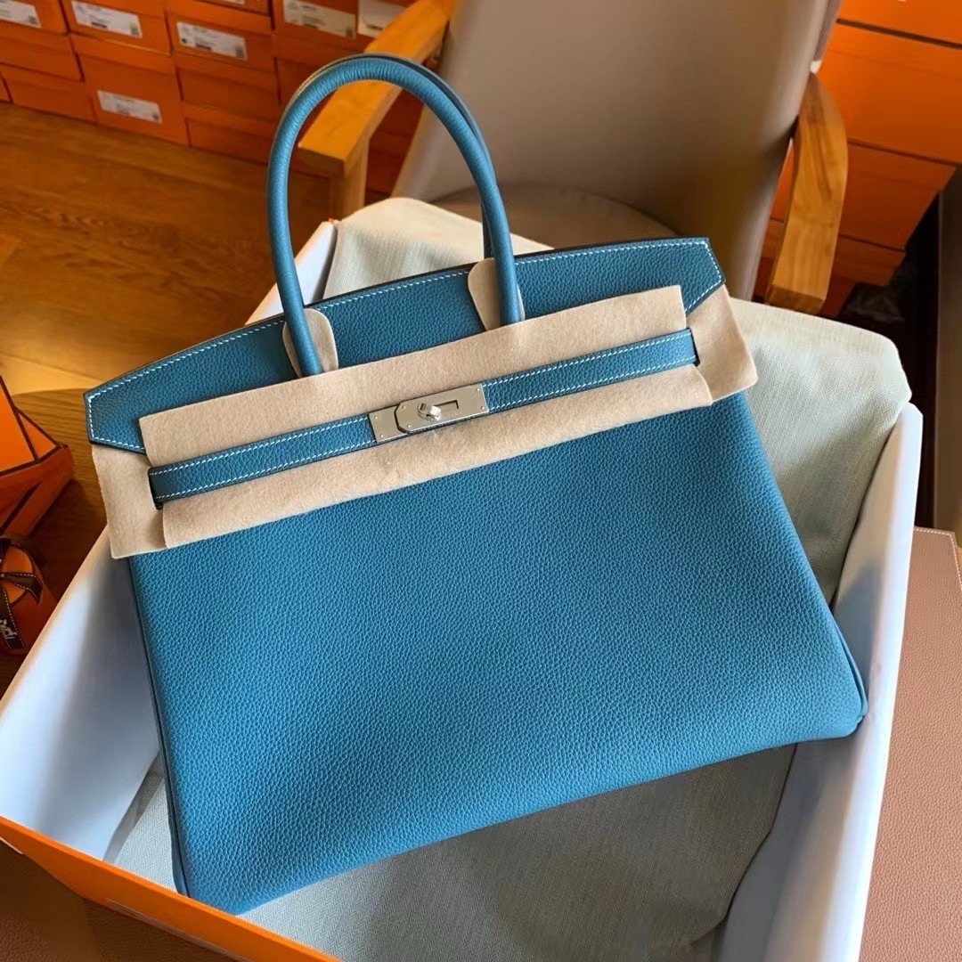 Hermes Birkin 35 Retourne Handmade Bag in Blue Jean Clemence Leather