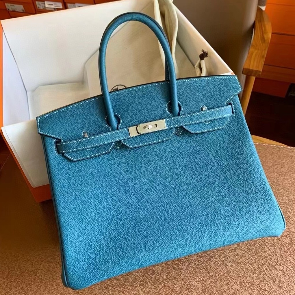 Hermes Birkin 35 Retourne Handmade Bag in Blue Jean Clemence Leather