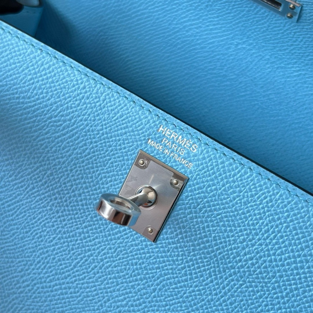 Hermes Kelly Sellier 25 Handmade Bag in Blue Azteque Epsom Calfskin