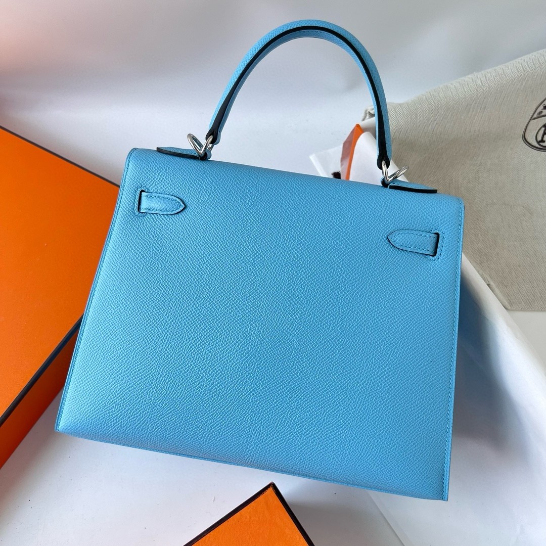 Hermes Kelly Sellier 25 Handmade Bag in Blue Azteque Epsom Calfskin