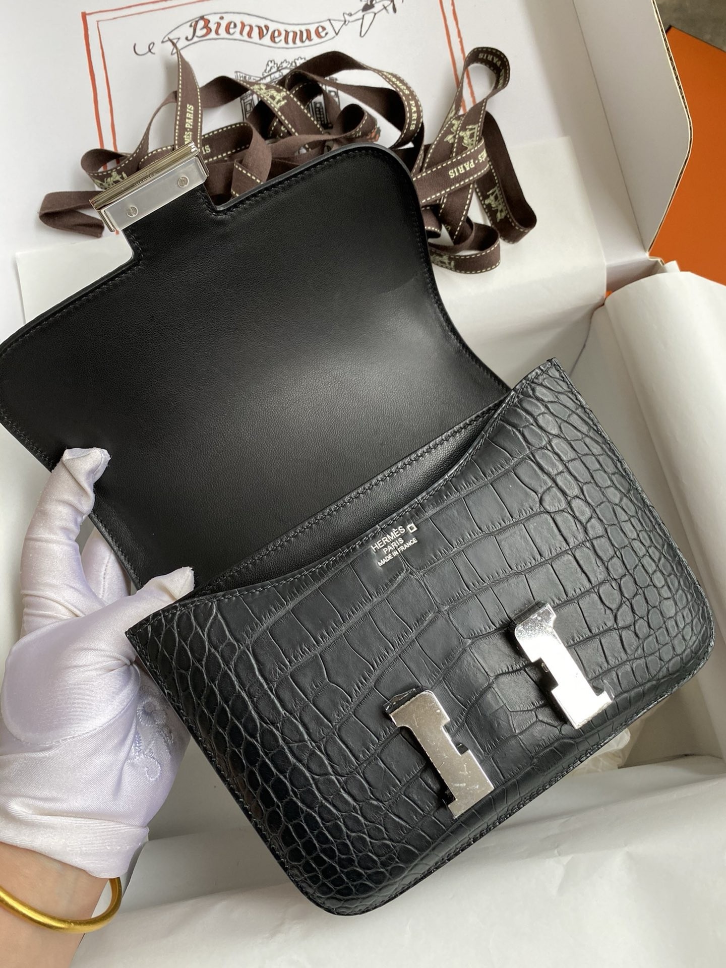 Hermes Constance 18 Handmade Bag in Black Matte Alligator Leather