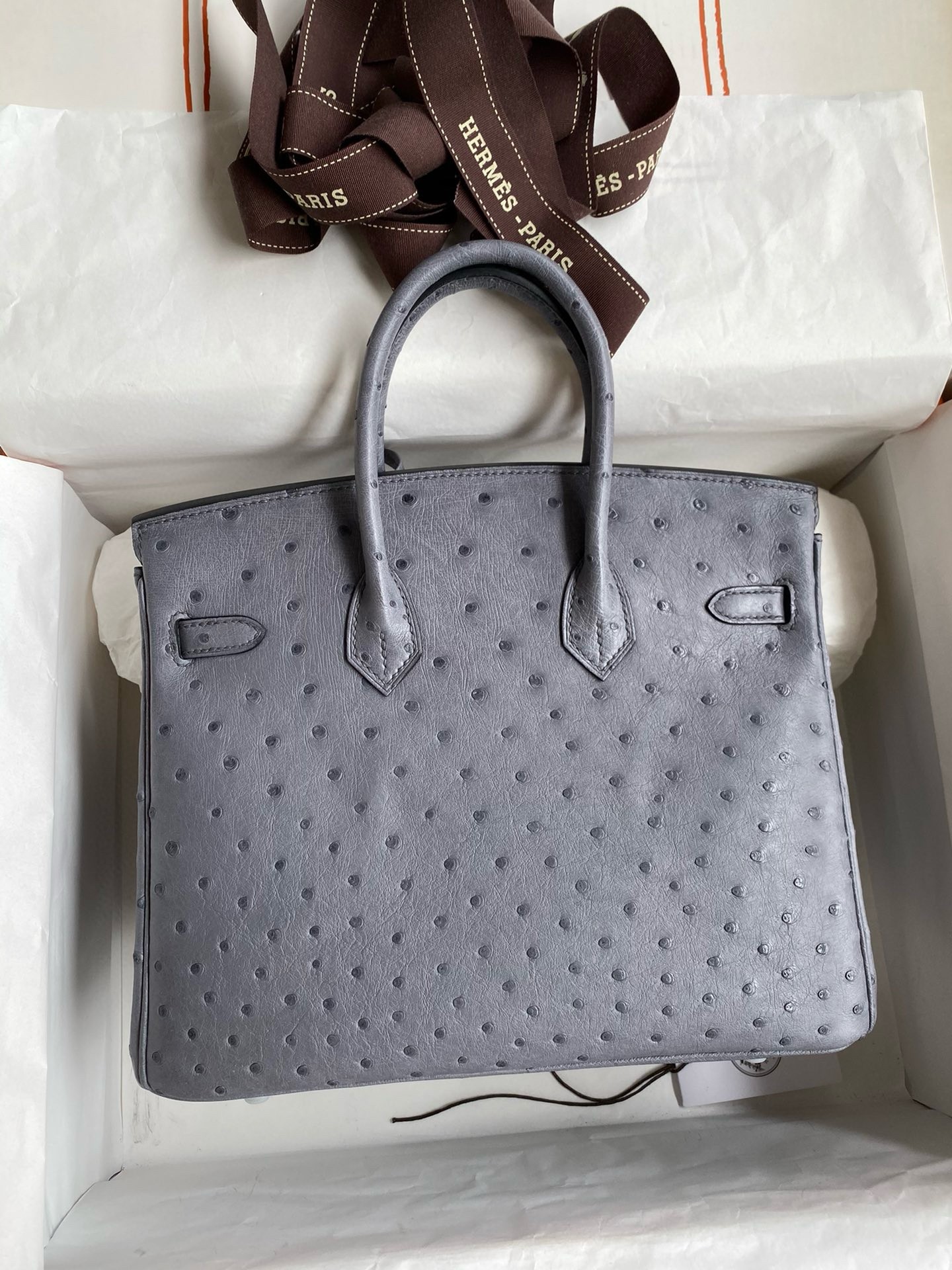 Hermes Birkin 25 Retourne Handmade Bag in Gris Agate Ostrich Leather