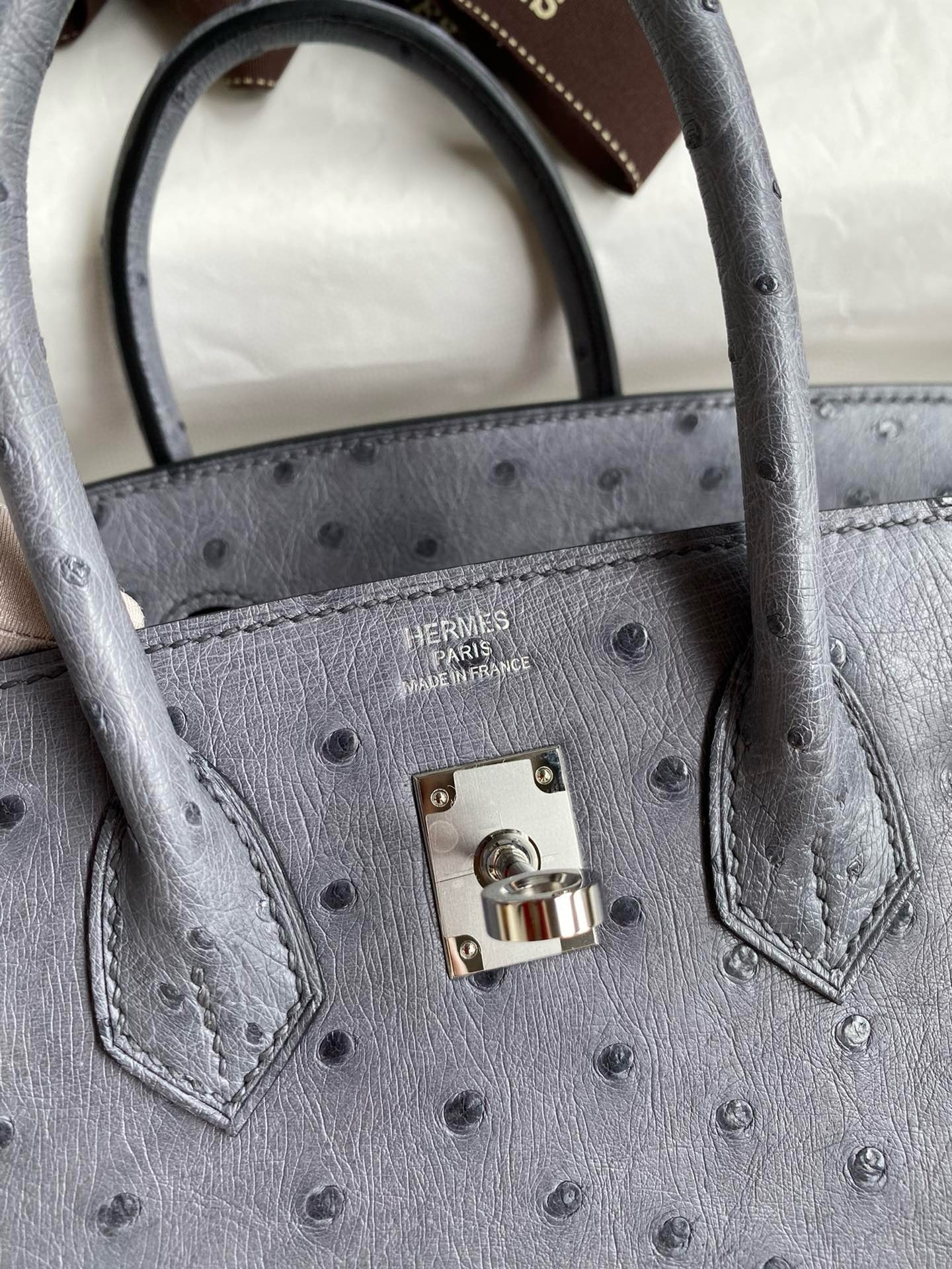 Hermes Birkin 25 Retourne Handmade Bag in Gris Agate Ostrich Leather