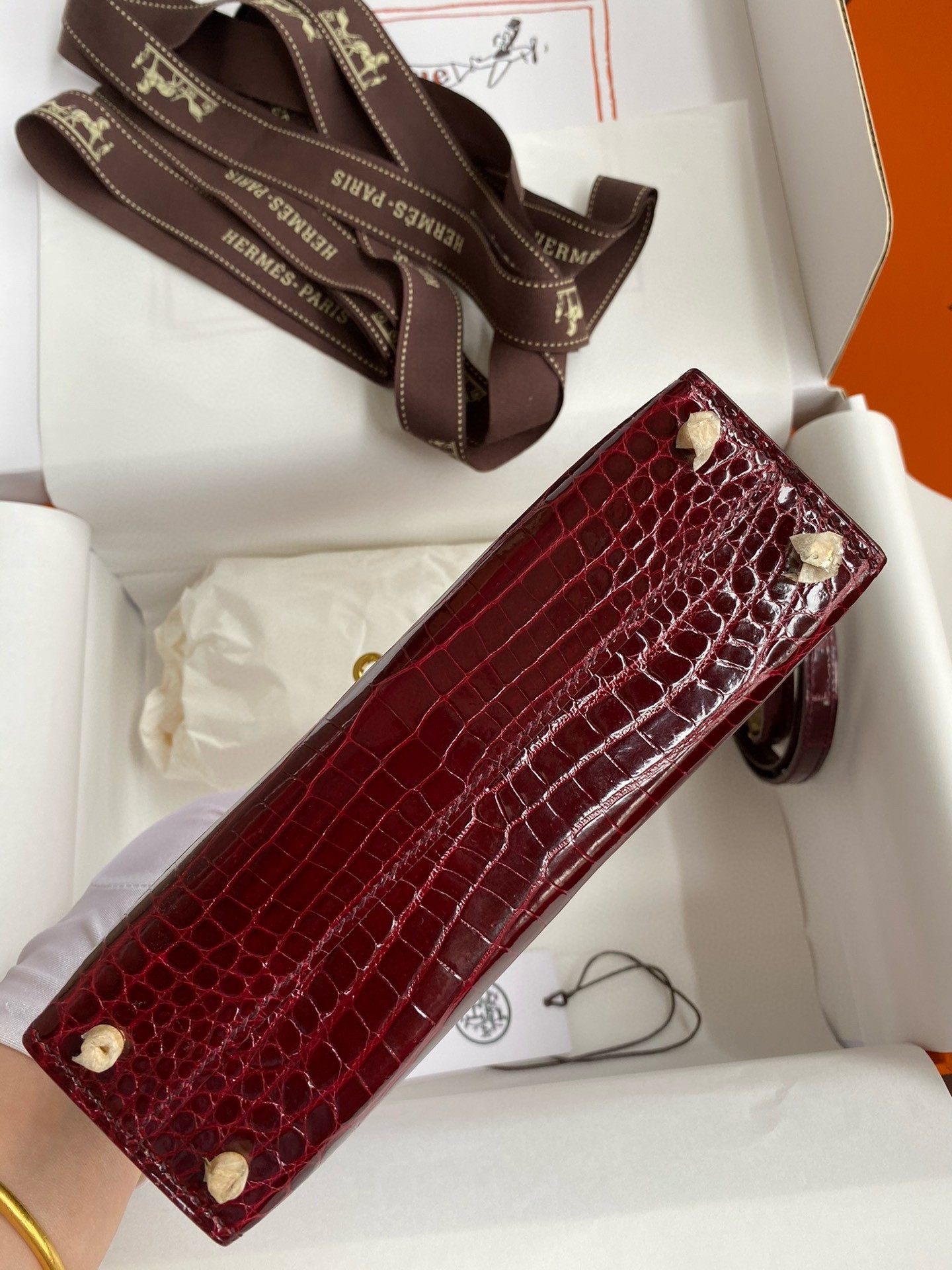 Hermes Kelly Mini II Sellier Handmade Bag in Bordeaux Shiny Alligator Leather